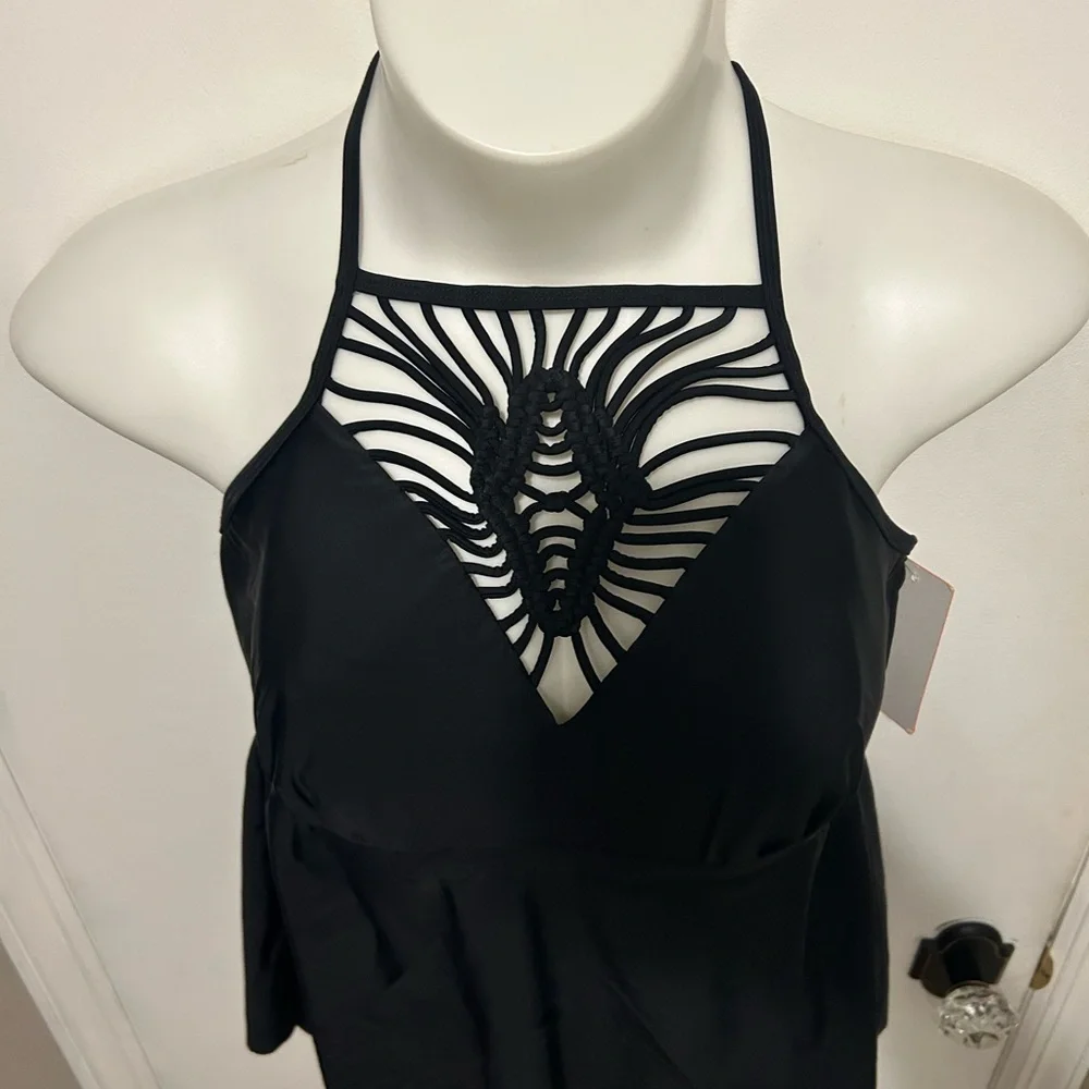 Swimsuits For All Black Halter Tankini with Macramé Front
